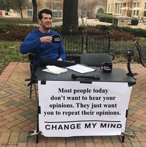 A coerced echo chamber isn’t freedom | Most people today don’t want to hear your opinions. They just want you to repeat their opinions. | image tagged in change my mind,politics lol,memes | made w/ Imgflip meme maker