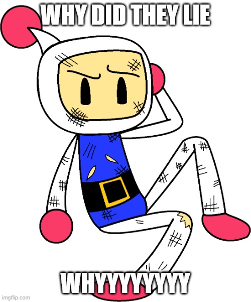 White Bomber injured (Super Bomberman R) | WHY DID THEY LIE WHYYYYYYYY | image tagged in white bomber injured super bomberman r | made w/ Imgflip meme maker