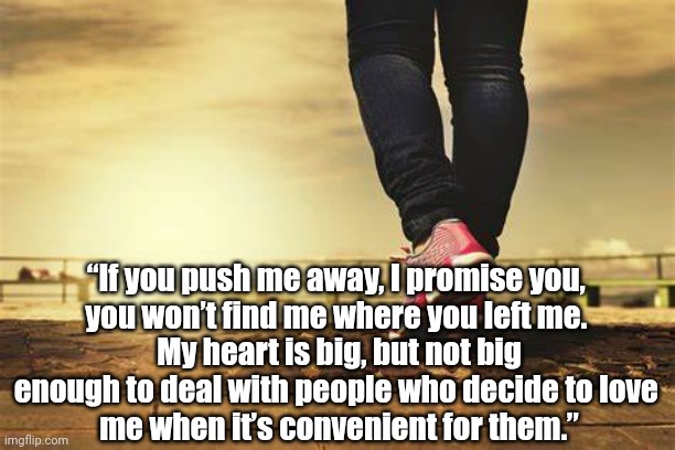 Walk Away from Toxic Situations | “If you push me away, I promise you, 
you won’t find me where you left me. 
My heart is big, but not big enough to deal with people who decide to love 
me when it’s convenient for them.” | image tagged in narcissism | made w/ Imgflip meme maker