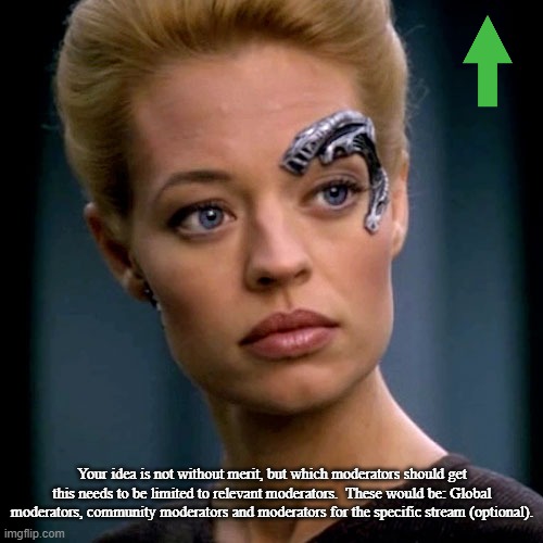 Seven of Nine Serious | Your idea is not without merit, but which moderators should get this needs to be limited to relevant moderators.  These would be: Global mod | image tagged in seven of nine serious | made w/ Imgflip meme maker