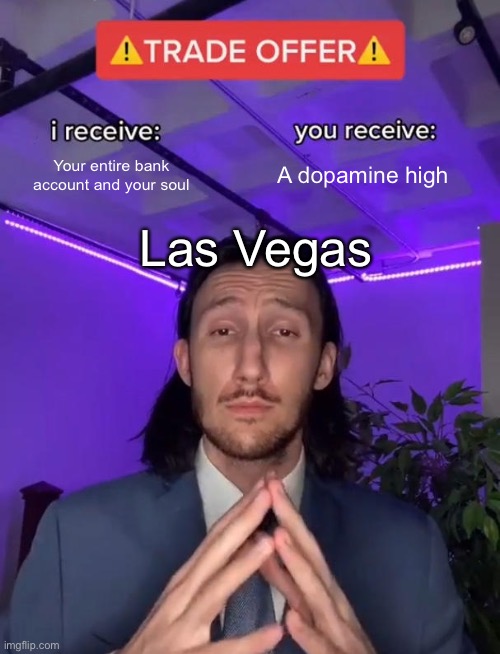 Trade Offer | Your entire bank account and your soul; A dopamine high; Las Vegas | image tagged in trade offer | made w/ Imgflip meme maker