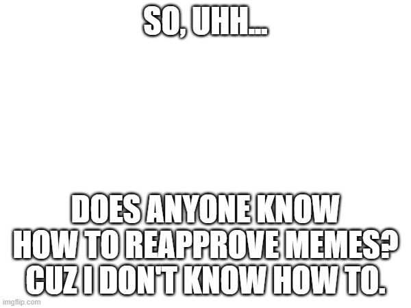 does anyone know how? | SO, UHH... DOES ANYONE KNOW HOW TO REAPPROVE MEMES? CUZ I DON'T KNOW HOW TO. | made w/ Imgflip meme maker