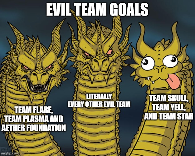 Goals in a shellnut | EVIL TEAM GOALS; LITERALLY EVERY OTHER EVIL TEAM; TEAM SKULL, TEAM YELL, AND TEAM STAR; TEAM FLARE, TEAM PLASMA AND AETHER FOUNDATION | image tagged in three-headed dragon,goals,pokemon,team rocket | made w/ Imgflip meme maker