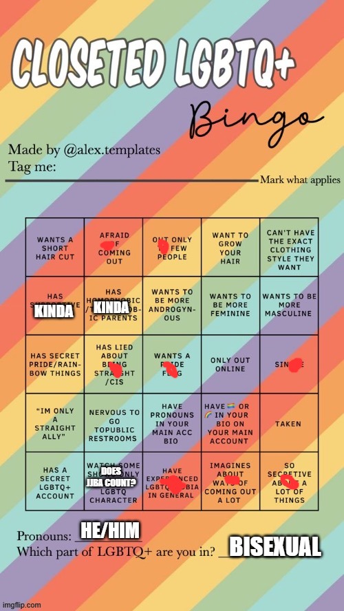 Closeted LGBTQ+ Bingo | KINDA; KINDA; DOES JJBA COUNT? HE/HIM; BISEXUAL | image tagged in closeted lgbtq bingo | made w/ Imgflip meme maker