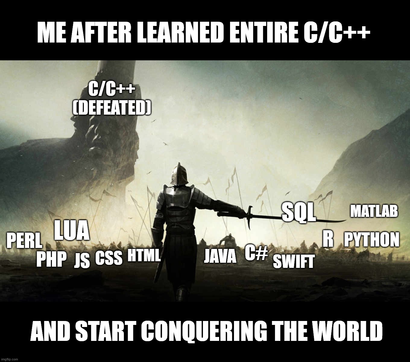 Is there any obstacle to me? | ME AFTER LEARNED ENTIRE C/C++; C/C++
(DEFEATED); MATLAB; SQL; LUA; R; PYTHON; PERL; HTML; C#; SWIFT; JAVA; CSS; PHP; JS; AND START CONQUERING THE WORLD | image tagged in the world is against me,programming | made w/ Imgflip meme maker