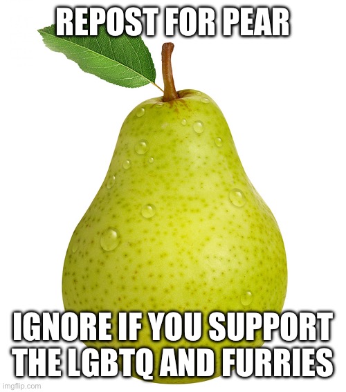 Pear | REPOST FOR PEAR; IGNORE IF YOU SUPPORT THE LGBTQ AND FURRIES | image tagged in pear | made w/ Imgflip meme maker