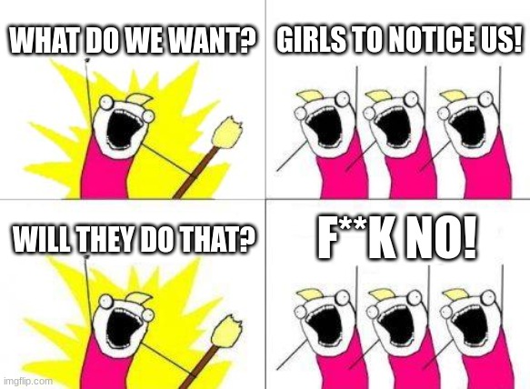 My everyday life lol | WHAT DO WE WANT? GIRLS TO NOTICE US! F**K NO! WILL THEY DO THAT? | image tagged in memes,what do we want | made w/ Imgflip meme maker