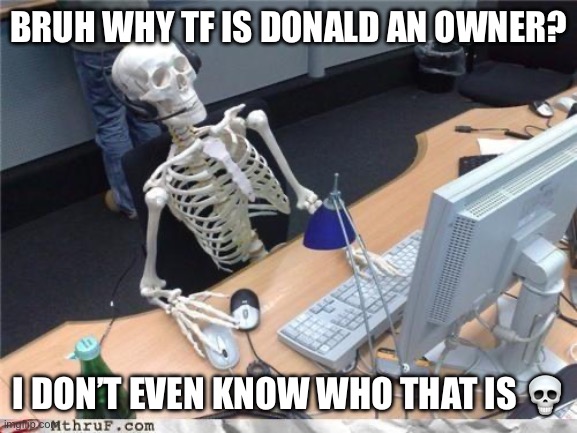 Waiting skeleton | BRUH WHY TF IS DONALD AN OWNER? I DON’T EVEN KNOW WHO THAT IS 💀 | image tagged in waiting skeleton | made w/ Imgflip meme maker