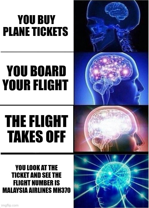 I just boarded MH370 | YOU BUY PLANE TICKETS; YOU BOARD YOUR FLIGHT; THE FLIGHT TAKES OFF; YOU LOOK AT THE TICKET AND SEE THE FLIGHT NUMBER IS MALAYSIA AIRLINES MH370 | image tagged in memes,expanding brain | made w/ Imgflip meme maker