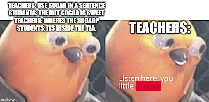 Listen here you little shit bird | TEACHERS: USE SUGAR IN A SENTENCE
STUDENTS: THE HOT COCOA IS SWEET
TEACHERS: WHERES THE SUGAR?
STUDENTS: ITS INSIDE THE TEA, TEACHERS: | image tagged in listen here you little shit bird | made w/ Imgflip meme maker