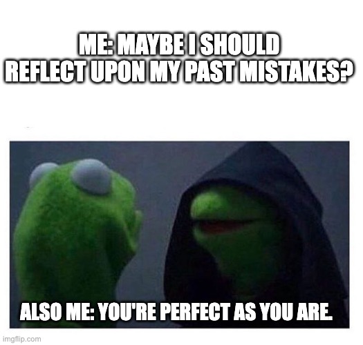 Perfect as You Are | ME: MAYBE I SHOULD REFLECT UPON MY PAST MISTAKES? ALSO ME: YOU'RE PERFECT AS YOU ARE. | image tagged in me vs inner me | made w/ Imgflip meme maker