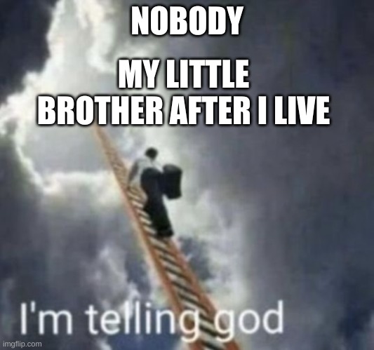Bruh | NOBODY; MY LITTLE BROTHER AFTER I LIVE | image tagged in im telling god,meme | made w/ Imgflip meme maker