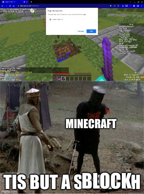 to proove how laggy my computer is | MINECRAFT; BLOCK | image tagged in tis but a scratch | made w/ Imgflip meme maker