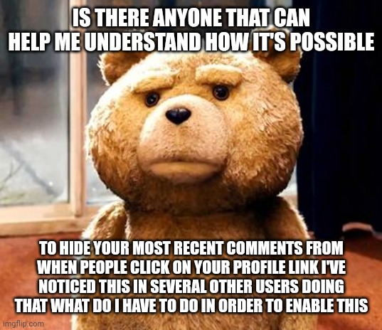 How to hide your recent comments | IS THERE ANYONE THAT CAN HELP ME UNDERSTAND HOW IT'S POSSIBLE; TO HIDE YOUR MOST RECENT COMMENTS FROM WHEN PEOPLE CLICK ON YOUR PROFILE LINK I'VE NOTICED THIS IN SEVERAL OTHER USERS DOING THAT WHAT DO I HAVE TO DO IN ORDER TO ENABLE THIS | image tagged in memes,ted | made w/ Imgflip meme maker