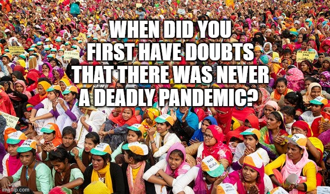 India COVID 19 protest | WHEN DID YOU FIRST HAVE DOUBTS THAT THERE WAS NEVER A DEADLY PANDEMIC? | image tagged in india covid 19 protest | made w/ Imgflip meme maker