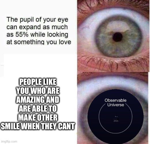 *tears of joy* | PEOPLE LIKE YOU WHO ARE AMAZING AND ARE ABLE TO MAKE OTHER SMILE WHEN THEY CANT | image tagged in expanding eye,wholesome | made w/ Imgflip meme maker