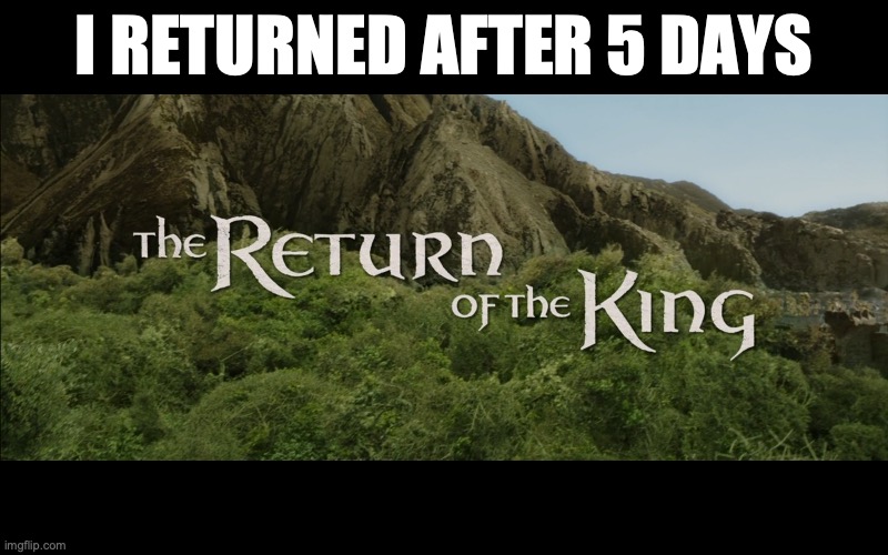 Return Of The King | I RETURNED AFTER 5 DAYS | image tagged in return of the king | made w/ Imgflip meme maker