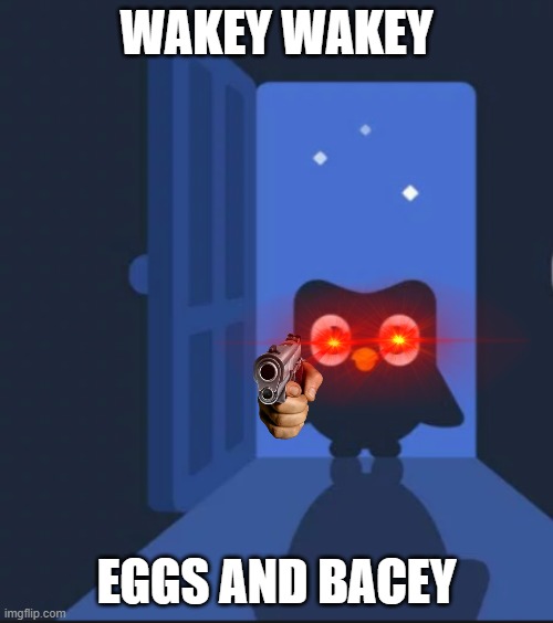 for real tho | WAKEY WAKEY; EGGS AND BACEY | image tagged in duolingo bird | made w/ Imgflip meme maker