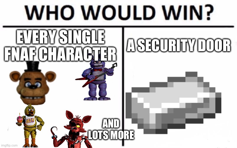 I know there is an iron ingot but it’s the best I can find, enjoy | EVERY SINGLE FNAF CHARACTER; A SECURITY DOOR; AND LOTS MORE | image tagged in memes,who would win,fnaf | made w/ Imgflip meme maker