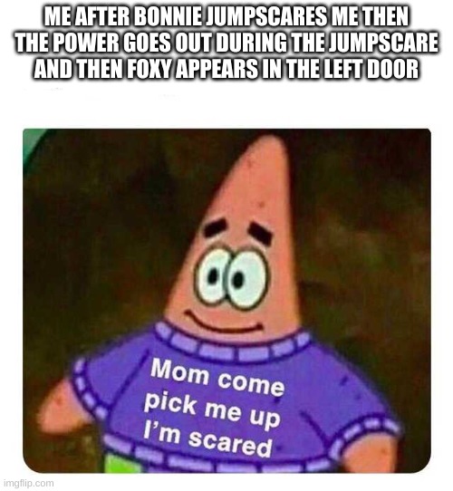 this is 100% true not lying i swear | ME AFTER BONNIE JUMPSCARES ME THEN THE POWER GOES OUT DURING THE JUMPSCARE AND THEN FOXY APPEARS IN THE LEFT DOOR | image tagged in patrick mom come pick me up i'm scared | made w/ Imgflip meme maker