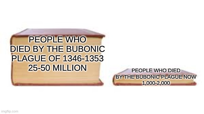 Big book small book | PEOPLE WHO DIED BY THE BUBONIC PLAGUE OF 1346-1353
25-50 MILLION; PEOPLE WHO DIED BY THE BUBONIC PLAGUE NOW
1,000-2,000 | image tagged in big book small book | made w/ Imgflip meme maker