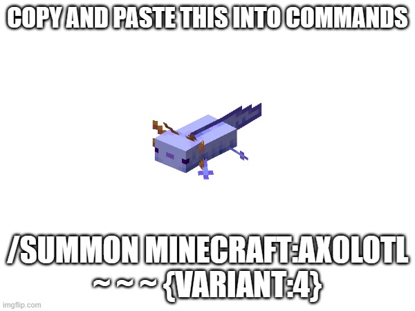 COPY AND PASTE THIS INTO COMMANDS; /SUMMON MINECRAFT:AXOLOTL ~ ~ ~ {VARIANT:4} | made w/ Imgflip meme maker