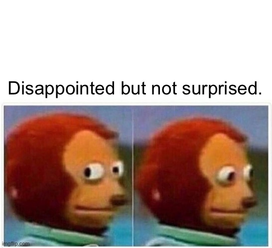 Disappointed | Disappointed but not surprised. | image tagged in memes,monkey puppet,disappointed,not surprised,faces | made w/ Imgflip meme maker