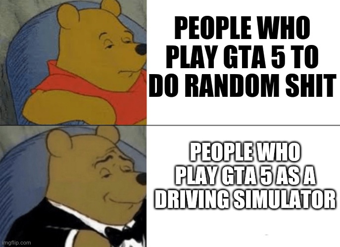 Random title | PEOPLE WHO PLAY GTA 5 TO DO RANDOM SHIT; PEOPLE WHO PLAY GTA 5 AS A DRIVING SIMULATOR | image tagged in winnie the pooh,gta 5,memes,funny,oh wow are you actually reading these tags | made w/ Imgflip meme maker