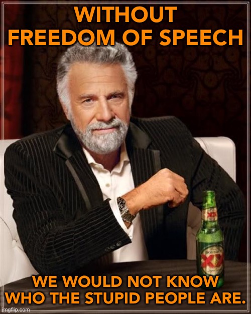 Freedom of speech | WITHOUT FREEDOM OF SPEECH; WE WOULD NOT KNOW WHO THE STUPID PEOPLE ARE. | image tagged in memes,the most interesting man in the world,freedom of speech,stupidpeople | made w/ Imgflip meme maker