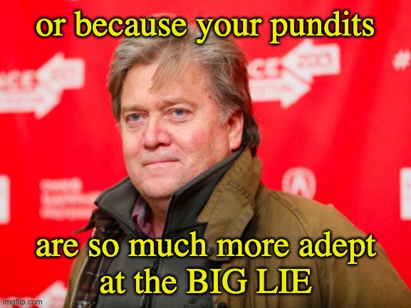 Steve Bannon | or because your pundits are so much more adept
at the BIG LIE | image tagged in steve bannon | made w/ Imgflip meme maker