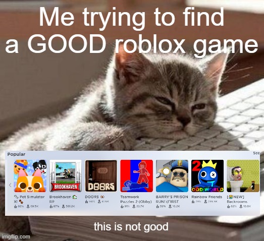 Bruh | Me trying to find a GOOD roblox game; this is not good | image tagged in tired cat,roblox,relatable | made w/ Imgflip meme maker