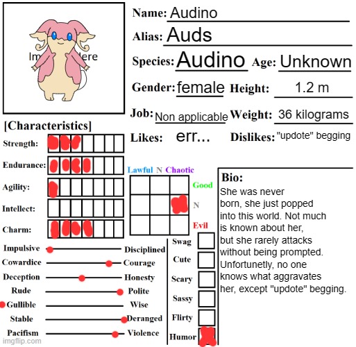 Character Chart by Liamsworlds | Audino; Auds; Unknown; Audino; female; 1.2 m; Non applicable; 36 kilograms; err... "updote" begging; She was never born, she just popped into this world. Not much is known about her, but she rarely attacks without being prompted. Unfortunetly, no one knows what aggravates her, except "updote" begging. | image tagged in character chart by liamsworlds | made w/ Imgflip meme maker