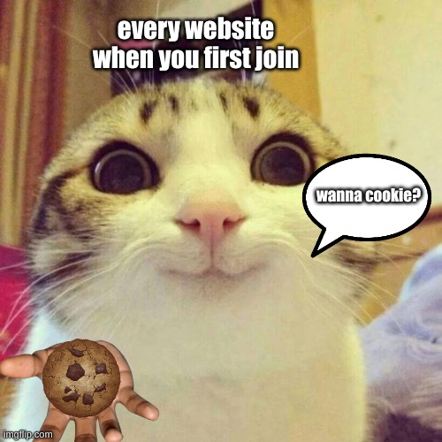 sure | every website when you first join; wanna cookie? | image tagged in memes,smiling cat,cookies | made w/ Imgflip meme maker