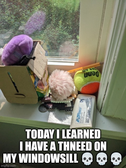 The once-ler has got nothing on me | TODAY I LEARNED I HAVE A THNEED ON MY WINDOWSILL 💀💀💀 | image tagged in the lorax | made w/ Imgflip meme maker