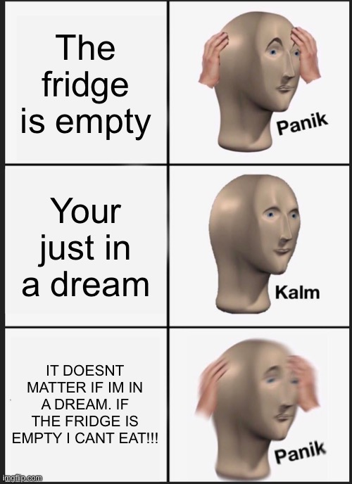 Uh oh get me out of the dream | The fridge is empty; Your just in a dream; IT DOESNT MATTER IF IM IN A DREAM. IF THE FRIDGE IS EMPTY I CANT EAT!!! | image tagged in memes,panik kalm panik | made w/ Imgflip meme maker