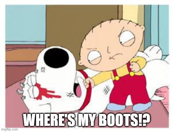 Stewie Where's My Money | WHERE'S MY BOOTS!? | image tagged in stewie where's my money | made w/ Imgflip meme maker
