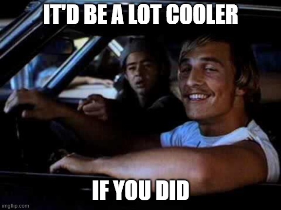 Dazed and confused | IT'D BE A LOT COOLER; IF YOU DID | image tagged in dazed and confused | made w/ Imgflip meme maker