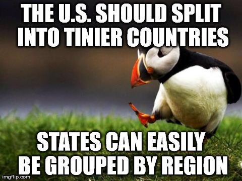 Unpopular Opinion Puffin Meme | THE U.S. SHOULD SPLIT INTO TINIER COUNTRIES STATES CAN EASILY BE GROUPED BY REGION | image tagged in memes,unpopular opinion puffin,AdviceAnimals | made w/ Imgflip meme maker