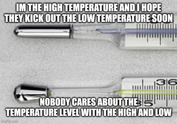Thermometer Meme | IM THE HIGH TEMPERATURE AND I HOPE THEY KICK OUT THE LOW TEMPERATURE SOON; NOBODY CARES ABOUT THE TEMPERATURE LEVEL WITH THE HIGH AND LOW | image tagged in thermometer | made w/ Imgflip meme maker