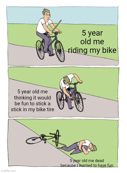 Bike Fall | 5 year old me riding my bike; 5 year old me thinking it would be fun to stick a stick in my bike tire; 5 year old me dead because I wanted to have fun | image tagged in memes,bike fall | made w/ Imgflip meme maker