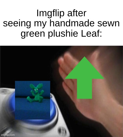 Blank Nut Button | Imgflip after seeing my handmade sewn green plushie Leaf: | image tagged in memes,blank nut button | made w/ Imgflip meme maker