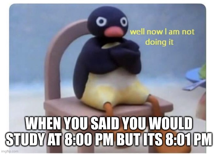 well now I am not doing it | WHEN YOU SAID YOU WOULD STUDY AT 8:00 PM BUT ITS 8:01 PM | image tagged in well now i am not doing it | made w/ Imgflip meme maker