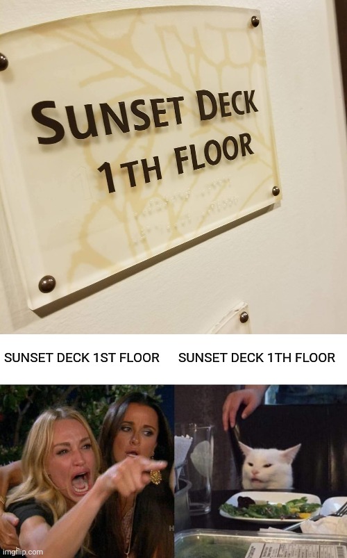 1th floor | SUNSET DECK 1ST FLOOR; SUNSET DECK 1TH FLOOR | image tagged in memes,woman yelling at cat,sunset deck,you had one job,floor,crappy design | made w/ Imgflip meme maker