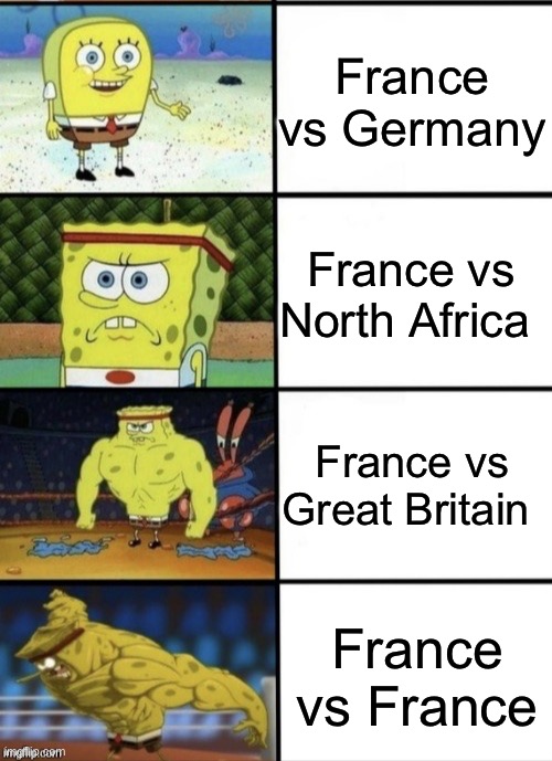SpongeBob Strength | France vs Germany; France vs North Africa; France vs Great Britain; France vs France | image tagged in spongebob strength | made w/ Imgflip meme maker