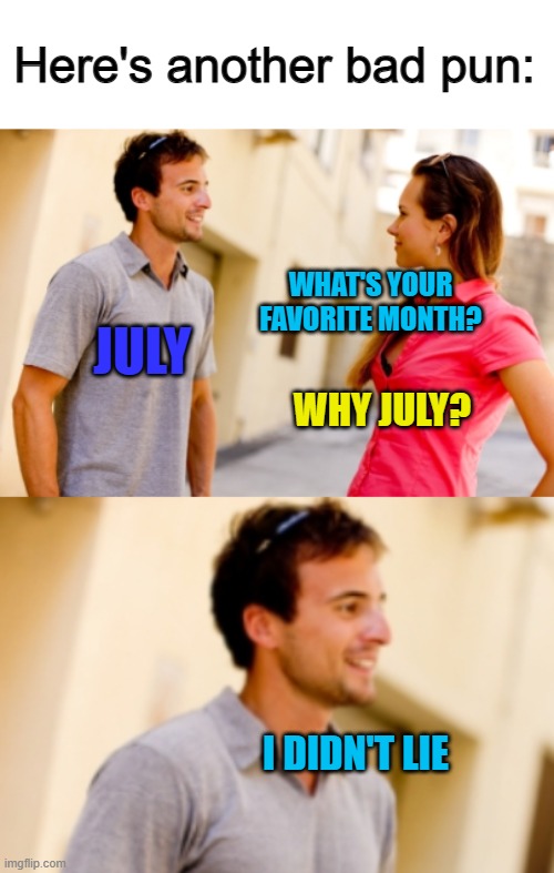 It took me awhile to understand this one... :/ | Here's another bad pun:; WHAT'S YOUR FAVORITE MONTH? JULY; WHY JULY? I DIDN'T LIE | image tagged in people talking | made w/ Imgflip meme maker