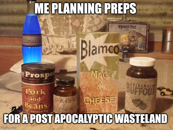 Fallout 4 | ME PLANNING PREPS; FOR A POST APOCALYPTIC WASTELAND | image tagged in prepping | made w/ Imgflip meme maker