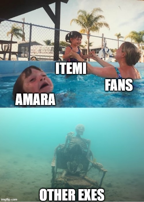 the enitre exevotes in a nutshell | ITEMI; FANS; AMARA; OTHER EXES | image tagged in swimming pool kids | made w/ Imgflip meme maker