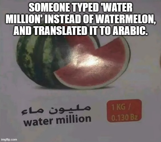 Those who understand Arabic will be seriously confused. | SOMEONE TYPED 'WATER MILLION' INSTEAD OF WATERMELON, AND TRANSLATED IT TO ARABIC. | image tagged in watermelon,water,million,arabic,boi | made w/ Imgflip meme maker