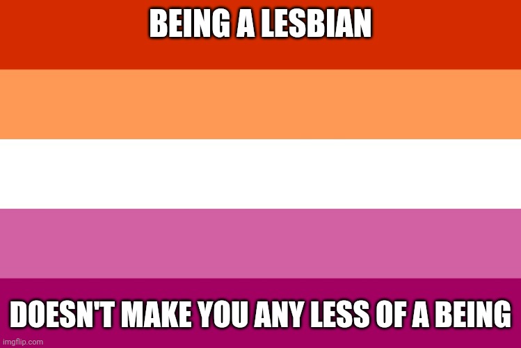 Pride day 2 :) | BEING A LESBIAN; DOESN'T MAKE YOU ANY LESS OF A BEING | image tagged in lesbian flag | made w/ Imgflip meme maker