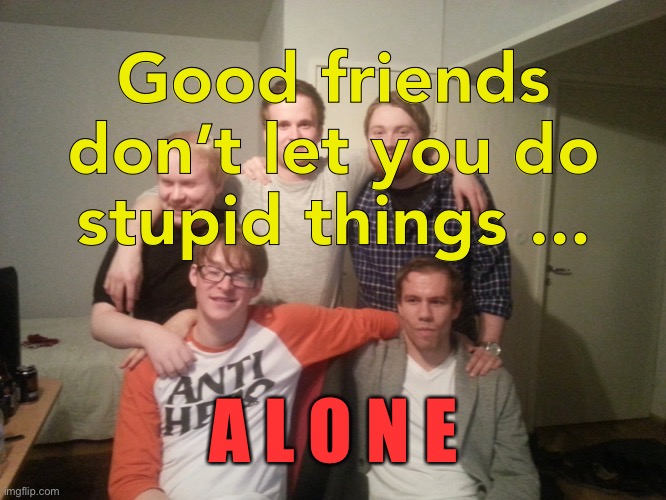 Alone | Good friends don’t let you do stupid things ... A L O N E | image tagged in good friends,do not let,do stupid,alone | made w/ Imgflip meme maker